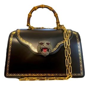 GUCCI THIARA MEDIUM LEATHER BAMBOO TOP HANDLE BAG - BLACK